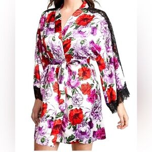 Victoria's Secret Summer Floral Satin Kimono Lace Inset Robe M/L